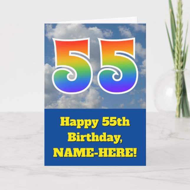 Cloudy Blue Sky, Rainbow Pattern "55" Birthday # Card (Front)