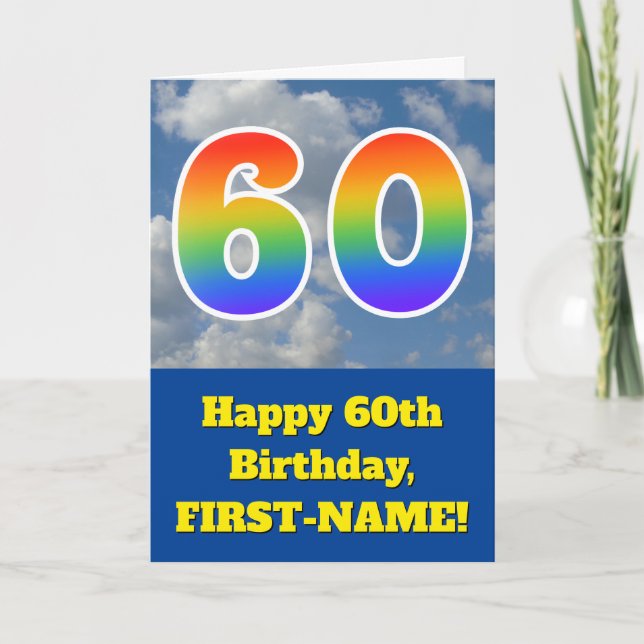 Cloudy Blue Sky, Rainbow Pattern "60" Birthday # Card (Front)