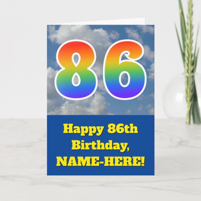 Cloudy Blue Sky, Rainbow Pattern "86" Birthday # Card (Front)