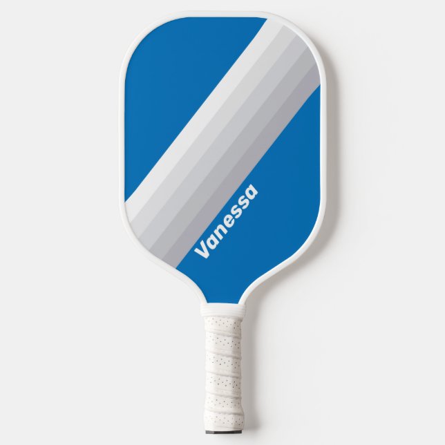 Cloudy Blue Sky Stripes with Name Pickleball Paddle (Front)