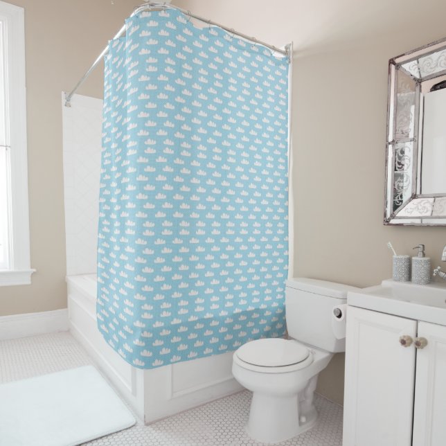 Cloudy Clouds Blue Dotty Sky Shower Curtain (In Situ)