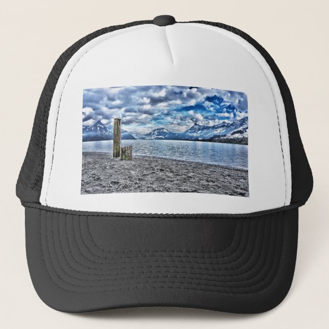 Cloudy day at lake lucerne trucker hat (Front)