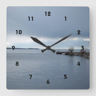 cloudy lake waterfront square wall clock