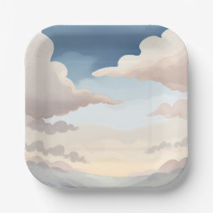 Cloudy Skies Watercolor Sky Blue Clouds Paper Plate