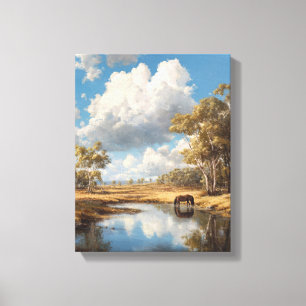 Cloudy Sky Horse Pond Reflection Art Canvas Print