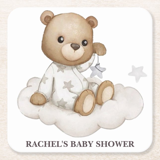 Cloudy Teddy Bear Baby Shower Coaster (Front)