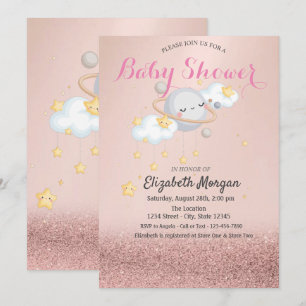 Clous Stars Planet Rose Gold Bokeh Baby Shower Invitation