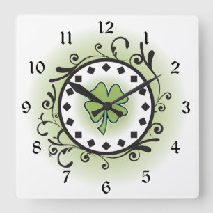 Clover and Vines Green, Black and White Irish Square Wall Clock