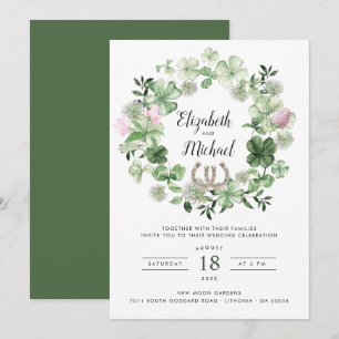 Clover Botanical Greenery Wreath   Horseshoes  Invitation