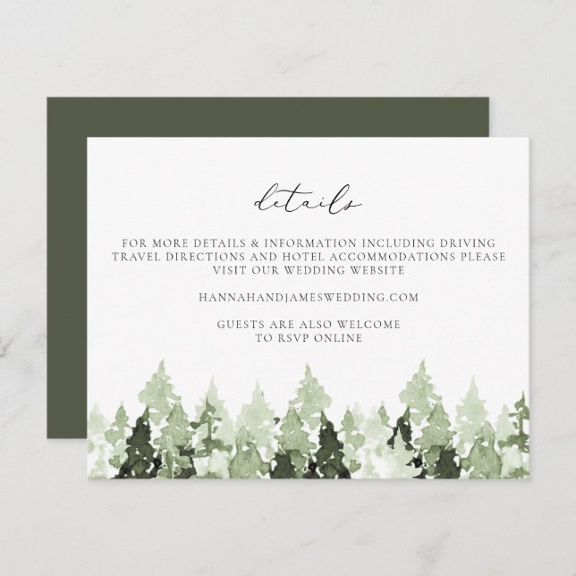 CLOVER Earthy Green Pine Tree Wedding Details Card (Front/Back)