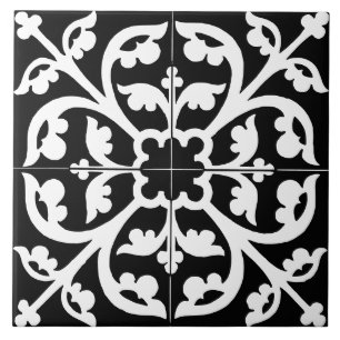 Clover Flower Floral Abstract Black & White Tile