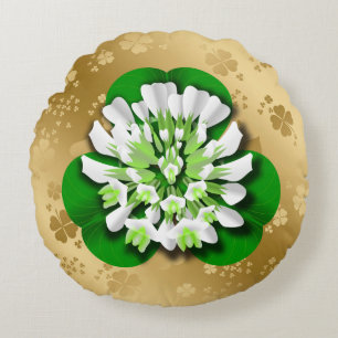 Clover Flower Golden Shamrocks Round Cushion