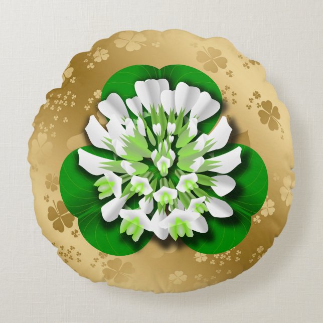 Clover Flower Golden Shamrocks Round Cushion (Front)