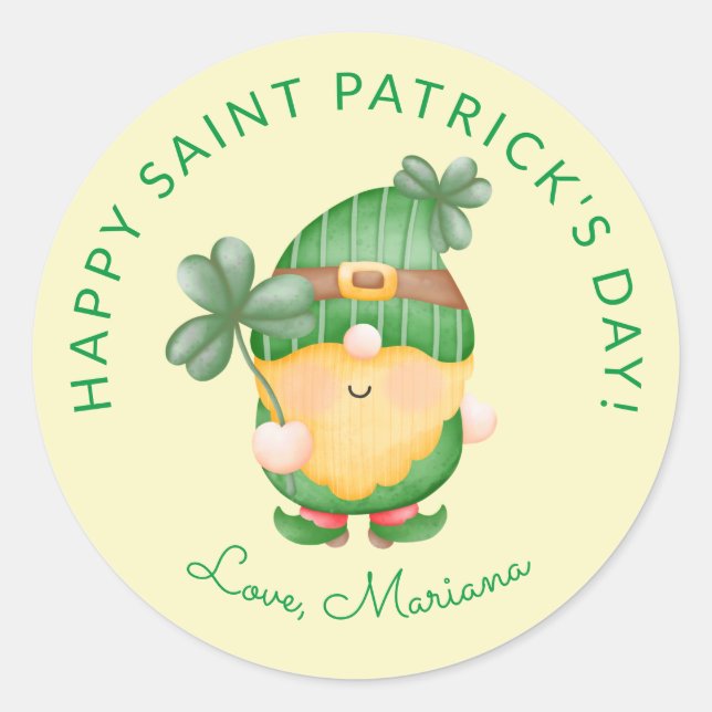 Clover Gnome Happy Saint Patricks Day Party Favour Classic Round Sticker (Front)