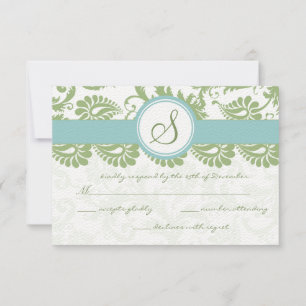 Clover Green and Aqua Damask Wedding RSVP Card