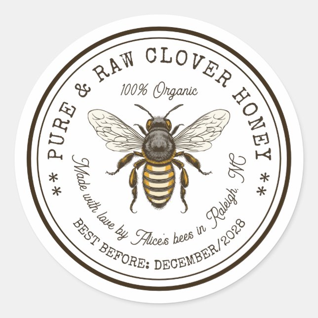 Clover honey canning sticker with vintage bee (Front)