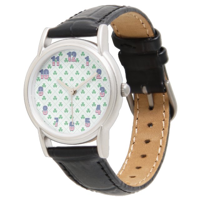 Clover Pattern Black Leather Watch with Classic Lo (Angled)