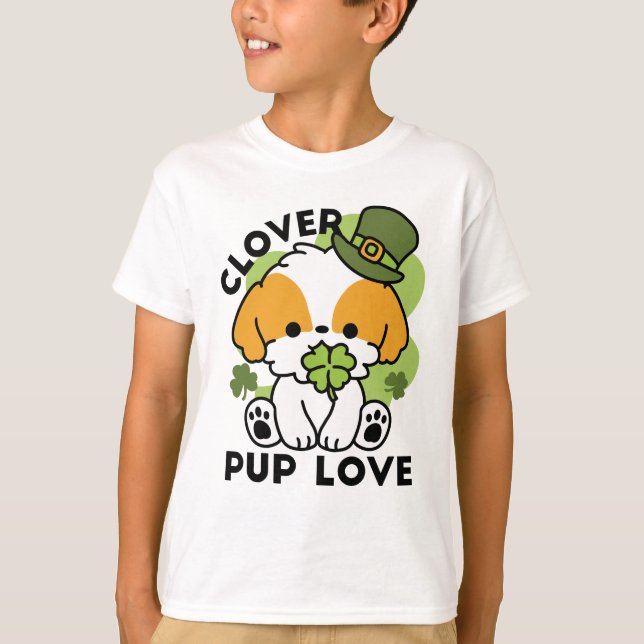 Clover Pup Love – St. Patrick's Day Dog Design T-Shirt (Front)