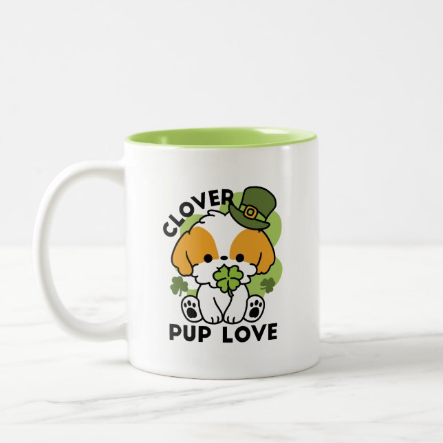Clover Pup Love – St. Patrick's Day Dog Design Two-Tone Coffee Mug (Left)