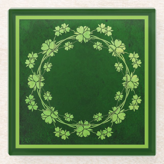 Clover Wreath Green Vintage Celtic Style Glass Coaster (Front)