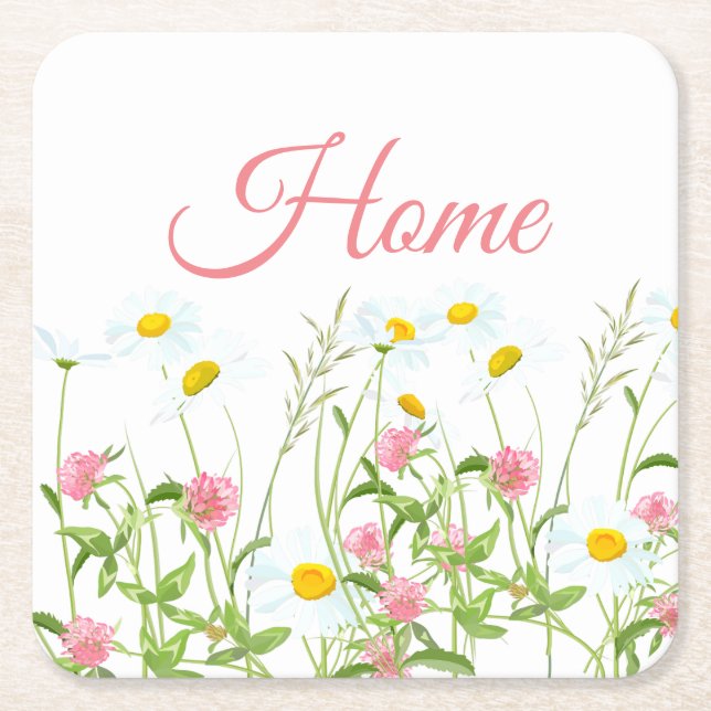 Clovers & Daisies Square Paper Coaster (Front)