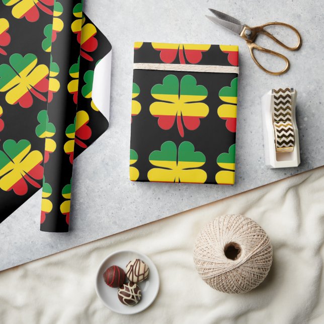 Clovers Pattern in Red Yellow Green Rasta Wrapping Paper (Crafts)