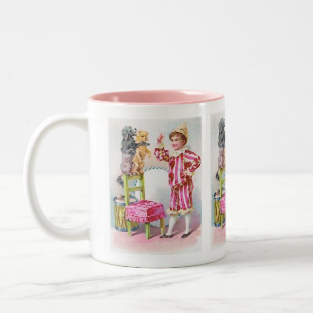 Clown Boy & Circus Dogs Two-Tone Coffee Mug (Left)