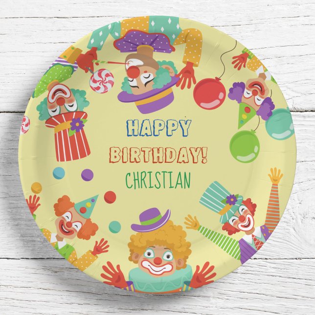 Clown circus birthday party personalised name paper plate (Creator Uploaded)