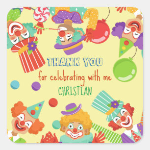 Clown circus birthday party personalised name square sticker