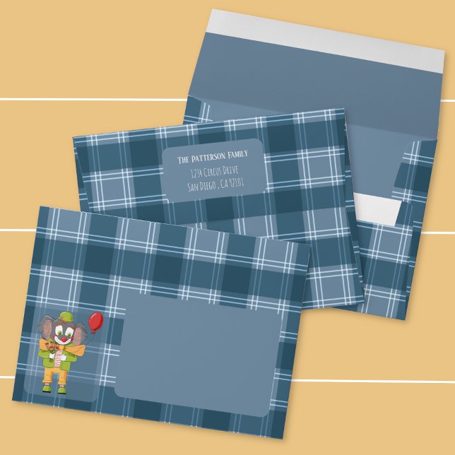 Clown Elephant Blue Tartan Envelope (Clown elephant blue Tartan pattern envelope .)
