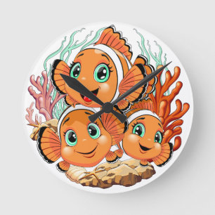 Clown fish Cartoon cute Family Underwater Round Clock