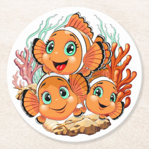 Clown fish Cartoon cute Family Underwater Round Paper Coaster