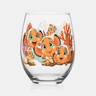 Clown fish Cartoon cute Family Underwater Stemless Wine Glass