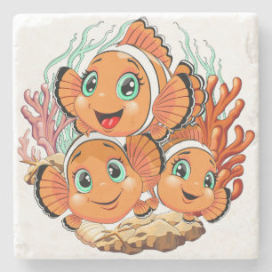Clown fish Cartoon cute Family Underwater Stone Coaster