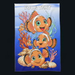 Clown fish Cartoon cute Family Underwater Tea Towel<br><div class="desc">Cute and Joyful little Clownfish Cartoon Characters swimming together on underwater Coral Reef Background. Original Vector Illustration Copyright BluedarkArt.</div>