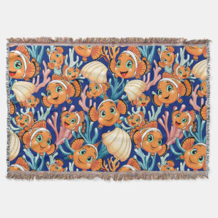 Clown fish Cartoon cute Family Underwater Throw Blanket