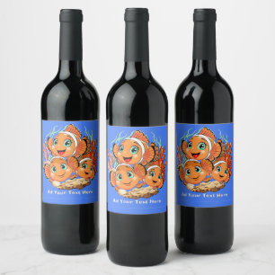 Clown fish Cartoon cute Family Underwater Wine Label