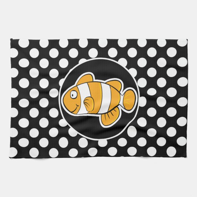 Clown fish on Black and White Polka Dots Tea Towel (Horizontal)