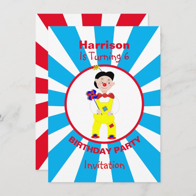 Clown Fun Kids Birthday Party Personalised Invitation (Front/Back)