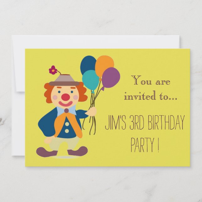 Clown infant or toddler young kid birthday party invitation (Front)