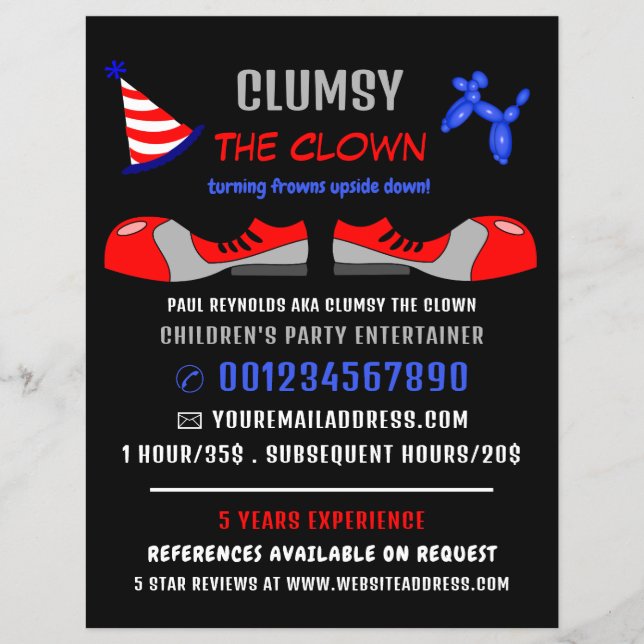 Clown Shoes, Kids Entertainer, Clown Advertising Flyer (Front)