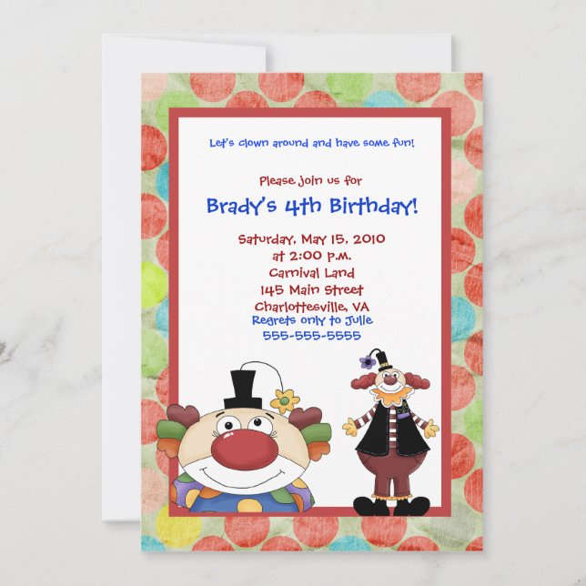 Clown Town Carnival Birthday Invitation 5x7 (Front)
