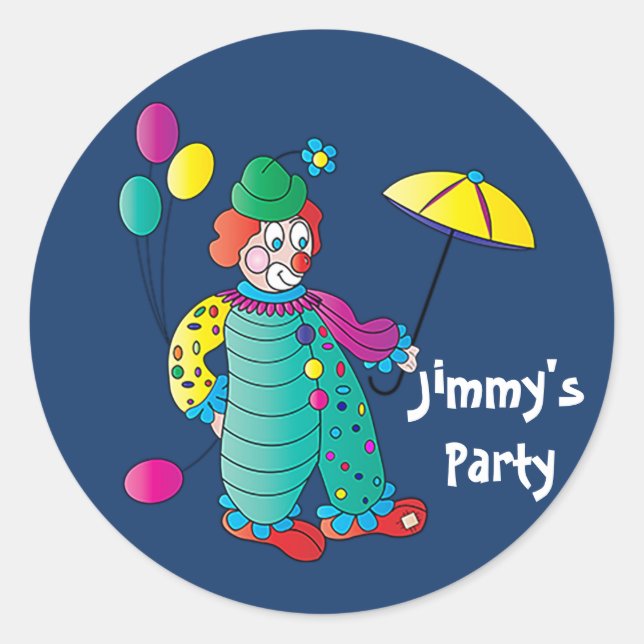 Clown with Balloons and Umbrellas and Name Insert Classic Round Sticker (Front)