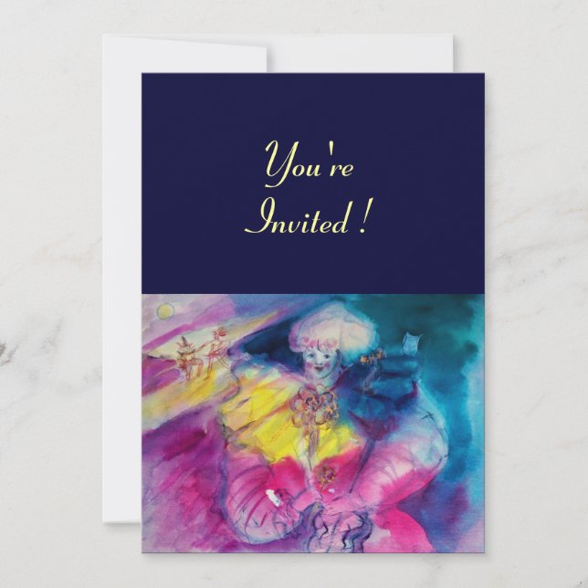 CLOWN WITH OWL AND VIOLIN ,yellow, pink blue Invitation (Front)