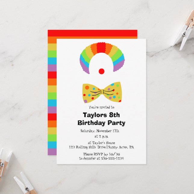 Clown with Rainbow Wig Personalised Birthday Invitation (Front/Back In Situ)