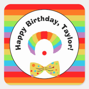 Clown with Rainbow Wig Personalised Birthday Party Square Sticker