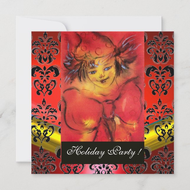CLOWN WITH RED BOW BLACK GOLD DAMASK MONOGRAM Ruby Invitation (Front)