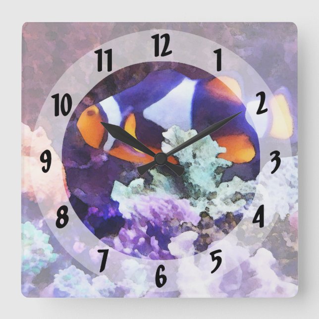 Clownfish and Coral Square Wall Clock (Front)