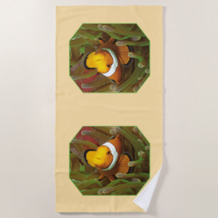 Clownfish in green anemone. Photographic Design Beach Towel