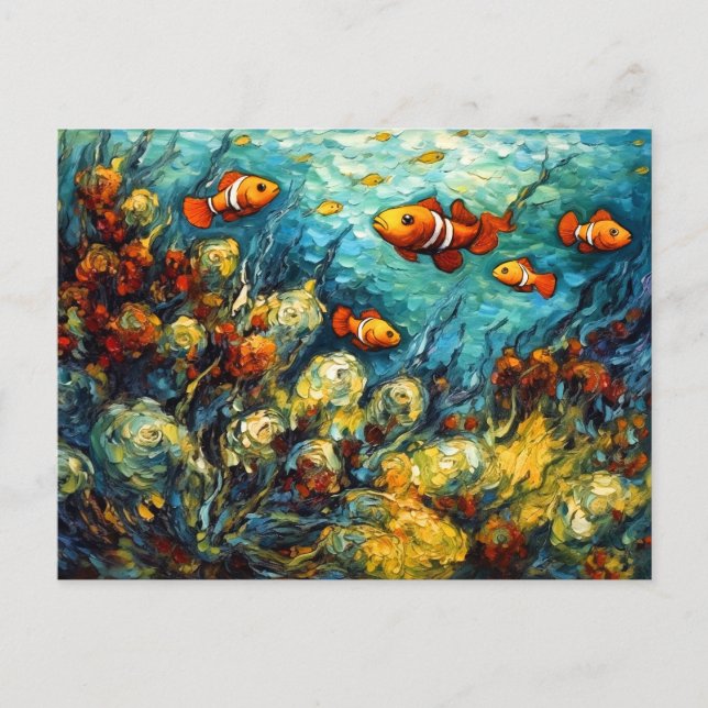 Clownfish in Swirling Coral Reef Painting Postcard (Front)